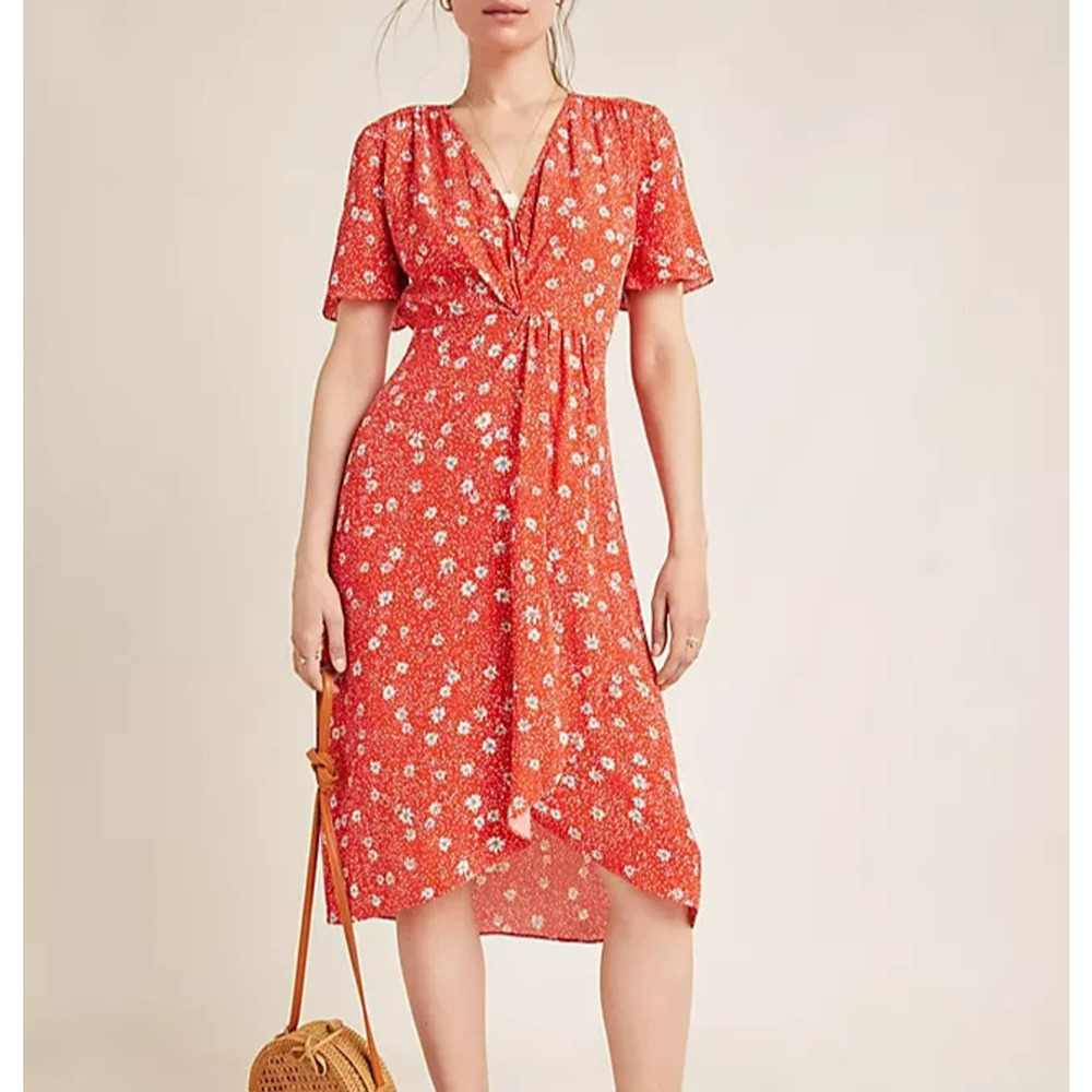 Anthropologie Kachel Floral Tea Dress Size 6 Red Feminine Faux Wrap V-Neck Retro
